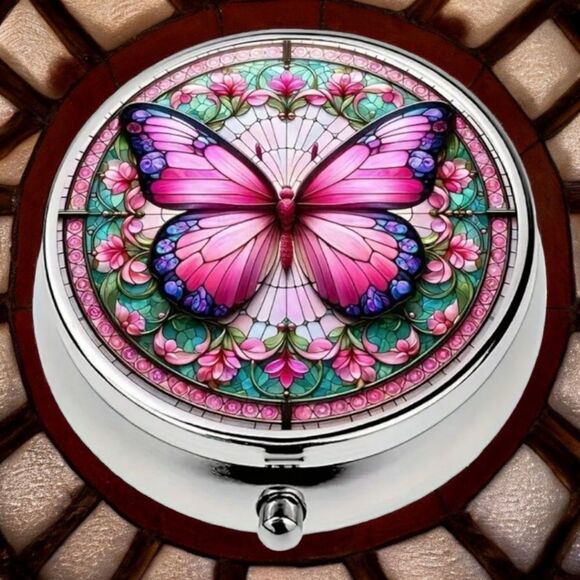Pink Butterfly Pill Box Medicine Mini Stainless Steel Case Mirrored Travel Purse - Picture 1 of 6